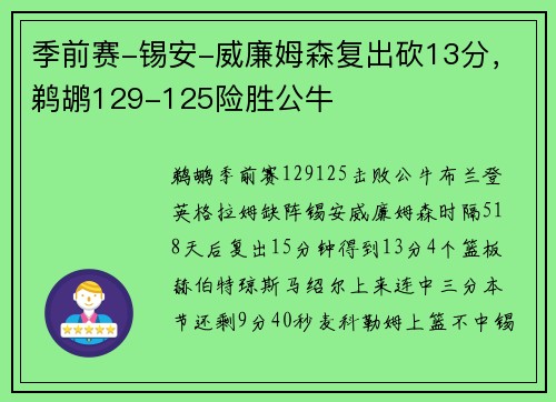 季前赛-锡安-威廉姆森复出砍13分，鹈鹕129-125险胜公牛