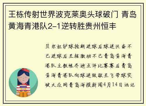 王栋传射世界波克莱奥头球破门 青岛黄海青港队2-1逆转胜贵州恒丰